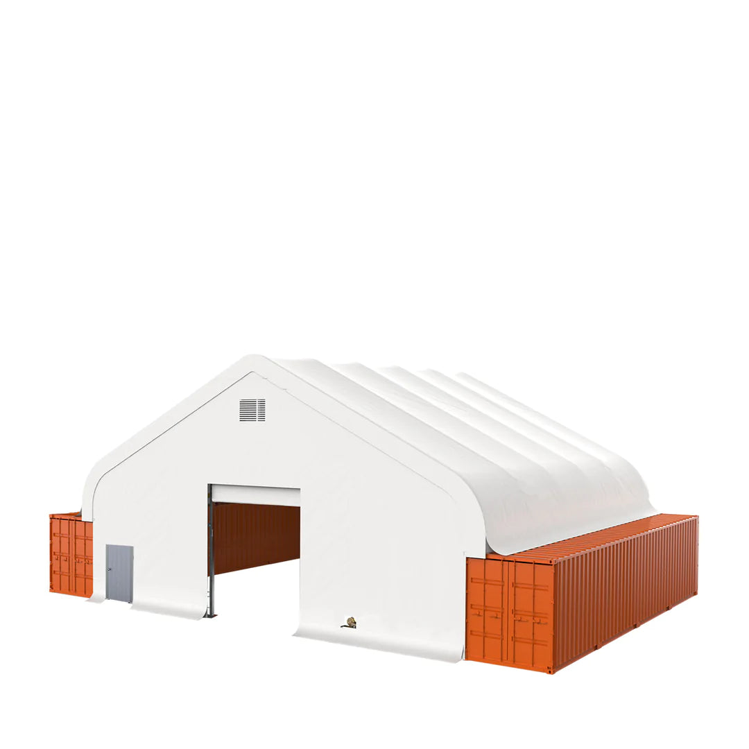 New Pro Series 50' x 40' Fully Enclosed Dual Truss Container Shelter with Heavy Duty 32 oz PVC Cover, Front Wall and Back Wall