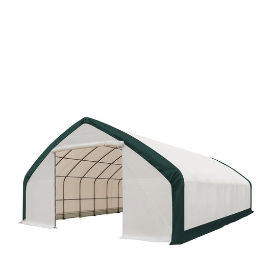 New 30' x 50' Straight Wall Peak Ceiling Storage Shelter with Heavy Duty 11 oz PE Cover & Drive Through Doors