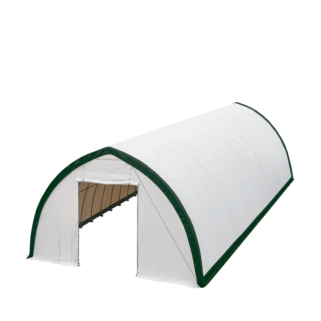 New 40' x 60' Peak Ceiling Storage Shelter, Single Truss, 11oz PE Cover, 13' W x 16' H Wide Open Door on Two End Walls