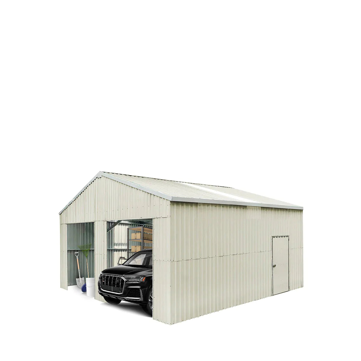 New 25’ x 25’ Double Garage Metal Barn Shed with Side Entry Door, 625 Sq-Ft Floor Space, 9’8” Eave Height, 27 GA Metal, Skylights, 4/12 Roof Pitch