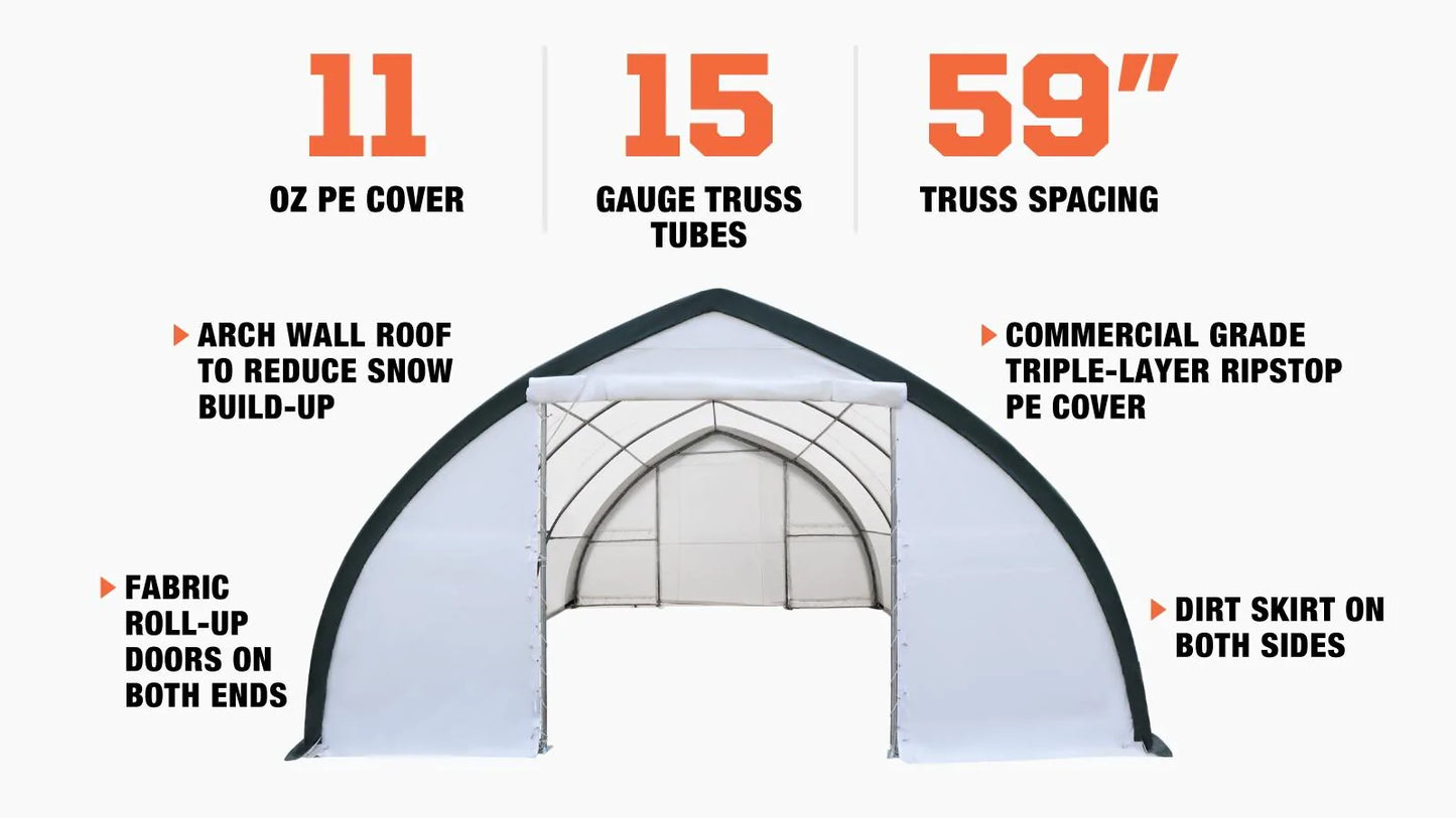 New 30' x 40' Peak Ceiling Storage Shelter with Heavy Duty 11 oz PE Cover & Drive Through Doors