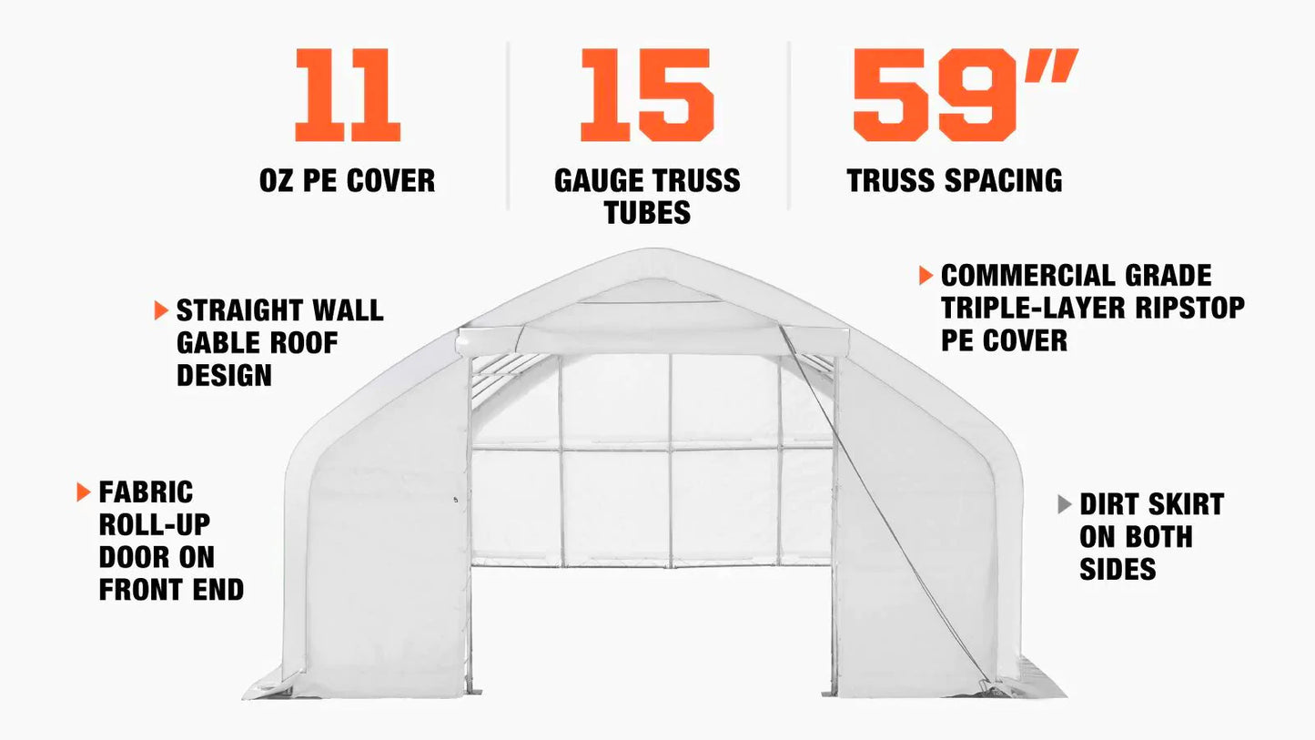 New 20' x 30' Straight Wall Peak Ceiling Storage Shelter with Heavy Duty 11 oz PE Cover & Drive Through Door