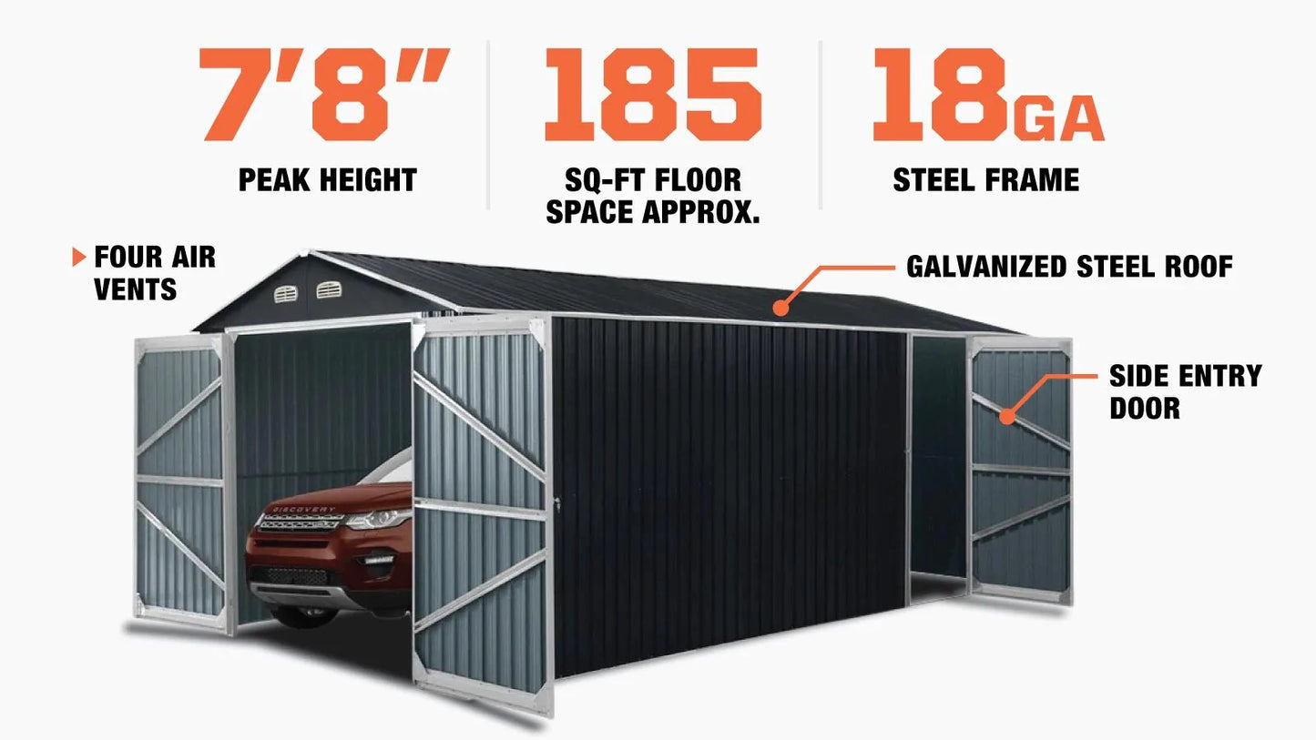 New 10’ x 20’ Metal Garage Shed with Double Front Doors, 7’8” Peak Height, Side Entry Door, 185 Sq-Ft Floor Space