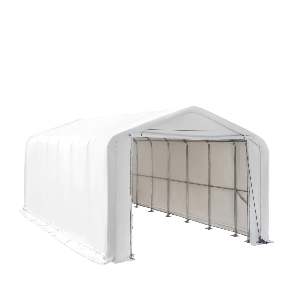 New 18’ x 30’ RV/Motorhome Storage Shelter, 17 oz PVC Fabric Cover, Front Roll-Up Door, Enclosed Rear Wall, 3-Layer Galvanized Steel Frame, 13’ Straight Sidewalls