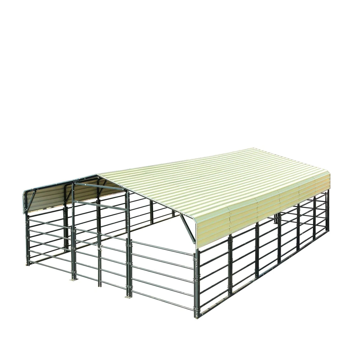 New 20’ x 30’ Livestock Corral Panel Metal Shed, 7’ Sidewall Height, 5’ Corral Panel Height, 600 Sq-Ft, 27 GA Corrugated Panels