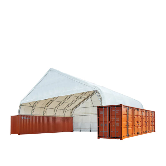 New Pro Series 50' x 40' Dual Truss Container Shelter with Heavy Duty 32 oz PVC Cover, Enclosed End Wall and Front Drop