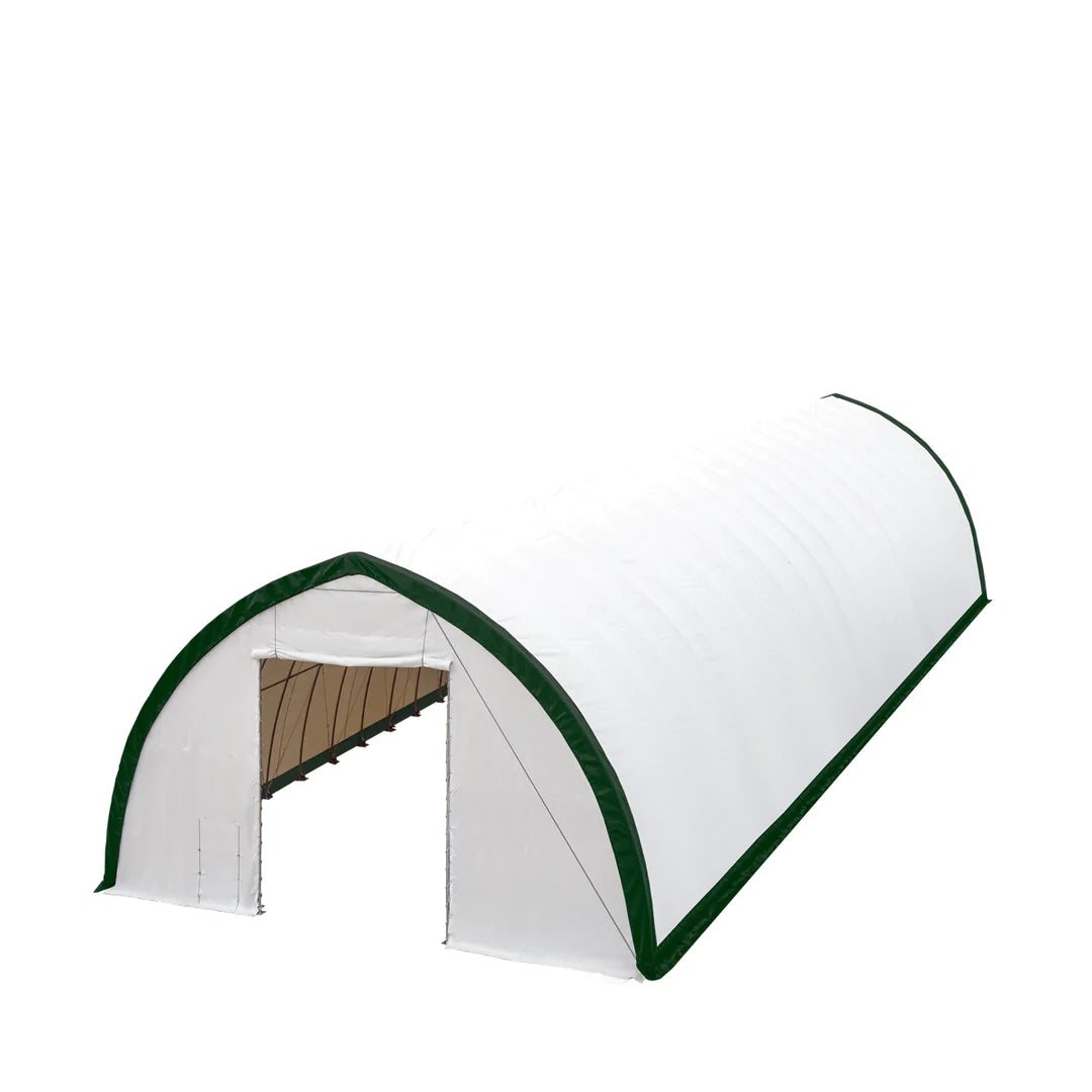 New 40' x 80' Peak Ceiling Storage Shelter, Single Truss, 11oz PE Cover, 13' W x 16' H Wide Open Door on Two End Walls