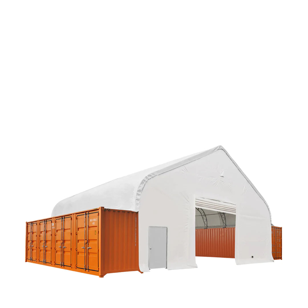 New Pro Series 50' x 40' Fully Enclosed Dual Truss Container Shelter with Heavy Duty 32 oz PVC Cover, Front Wall and Back Wall