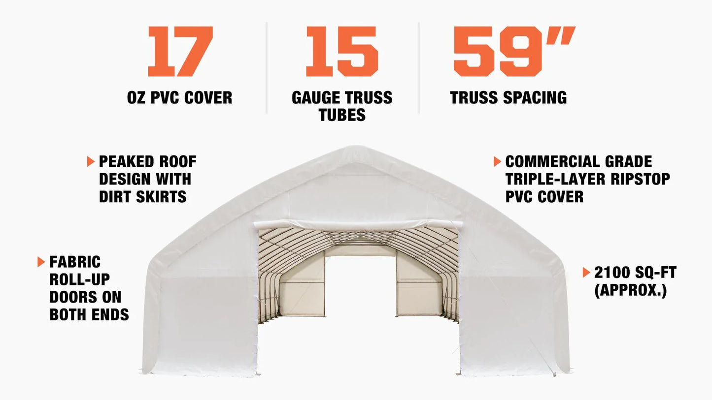 New 30' x 70' Straight Wall Peak Ceiling Storage Shelter with Heavy Duty 17 oz PVC Cover & Drive Through Doors