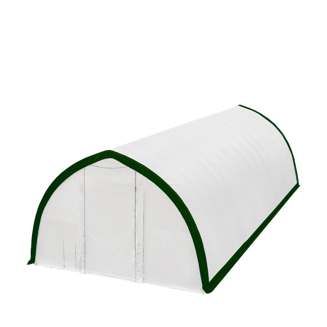 New 40' x 60' Peak Ceiling Storage Shelter, Single Truss, 11oz PE Cover, 13' W x 16' H Wide Open Door on Two End Walls