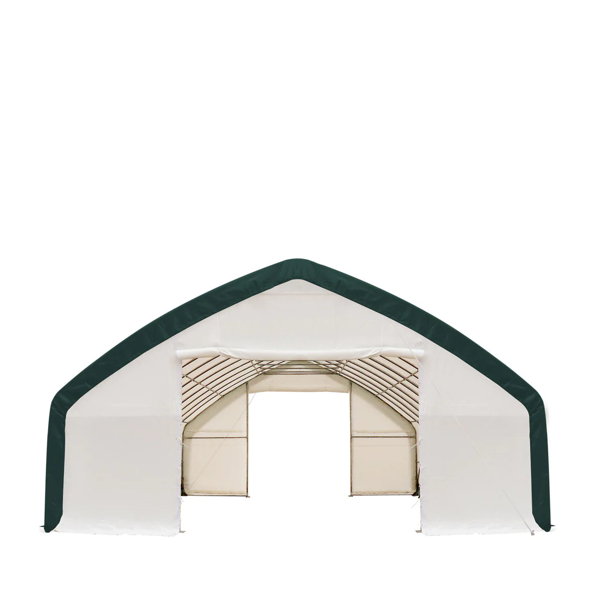 New 30' x 50' Straight Wall Peak Ceiling Storage Shelter with Heavy Duty 11 oz PE Cover & Drive Through Doors