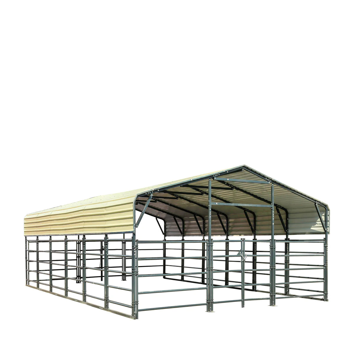 New 20’ x 30’ Livestock Corral Panel Metal Shed, 7’ Sidewall Height, 5’ Corral Panel Height, 600 Sq-Ft, 27 GA Corrugated Panels