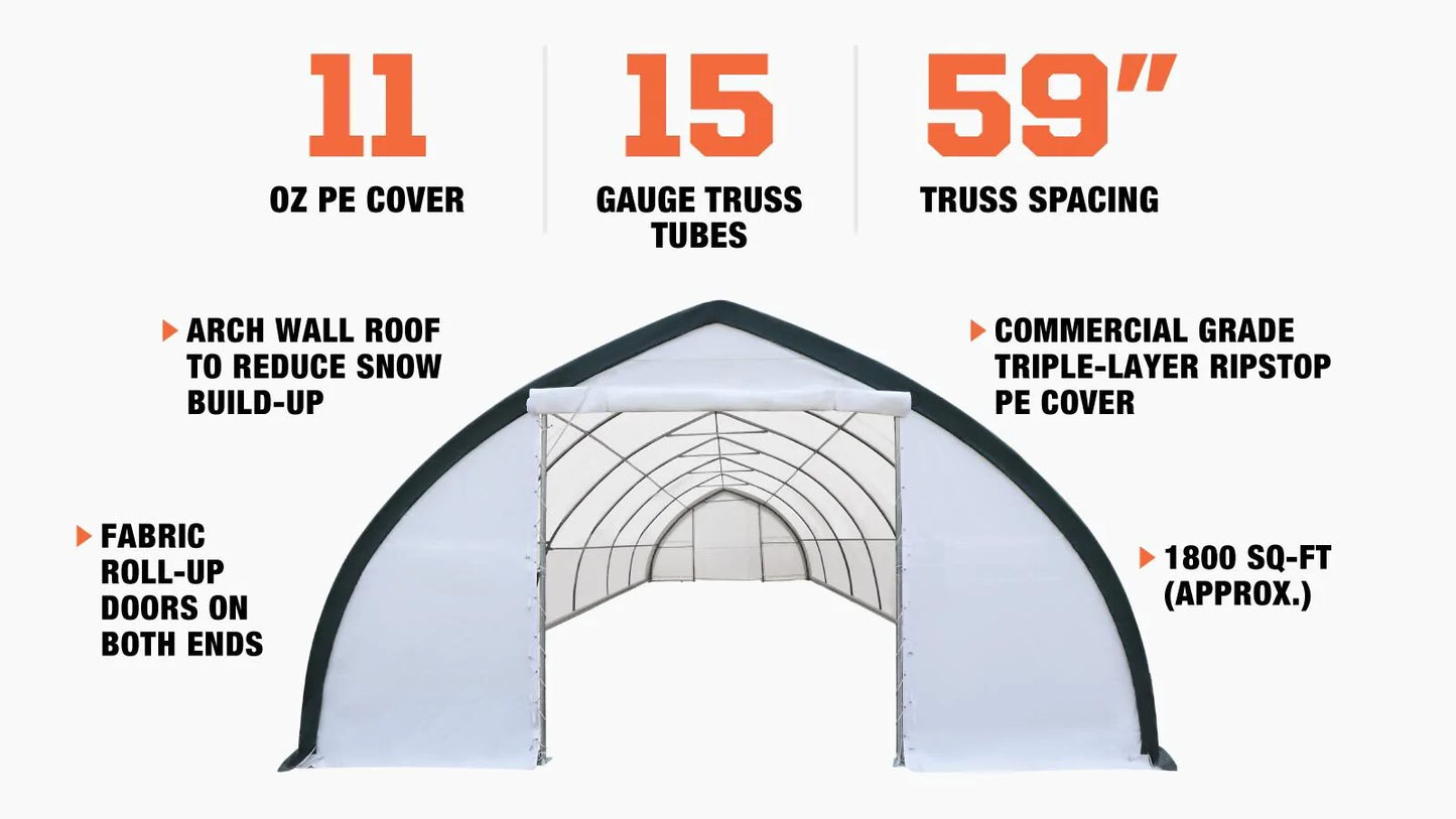 New 30' x 60' Peak Ceiling Storage Shelter with Heavy Duty 11 oz PE Cover & Drive Through Doors,