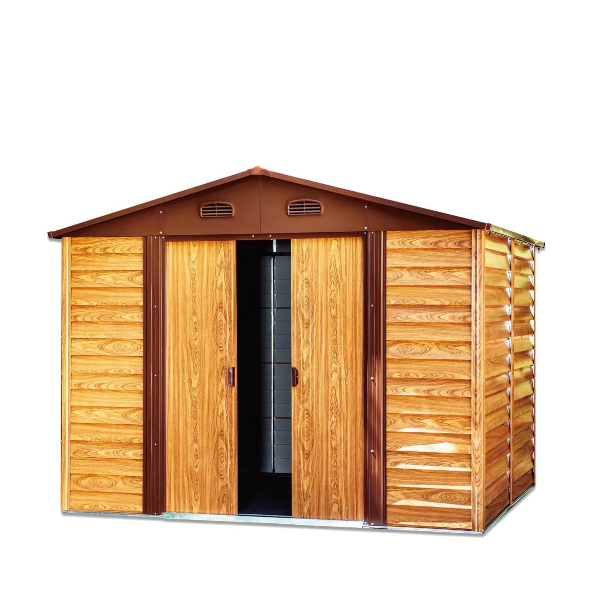 New 11’ x 12’ Wood-Grain Galvanized Apex Roof Metal Shed, 50” Sliding Door, 29 GA Corrugated Metal, 67” Edge Height