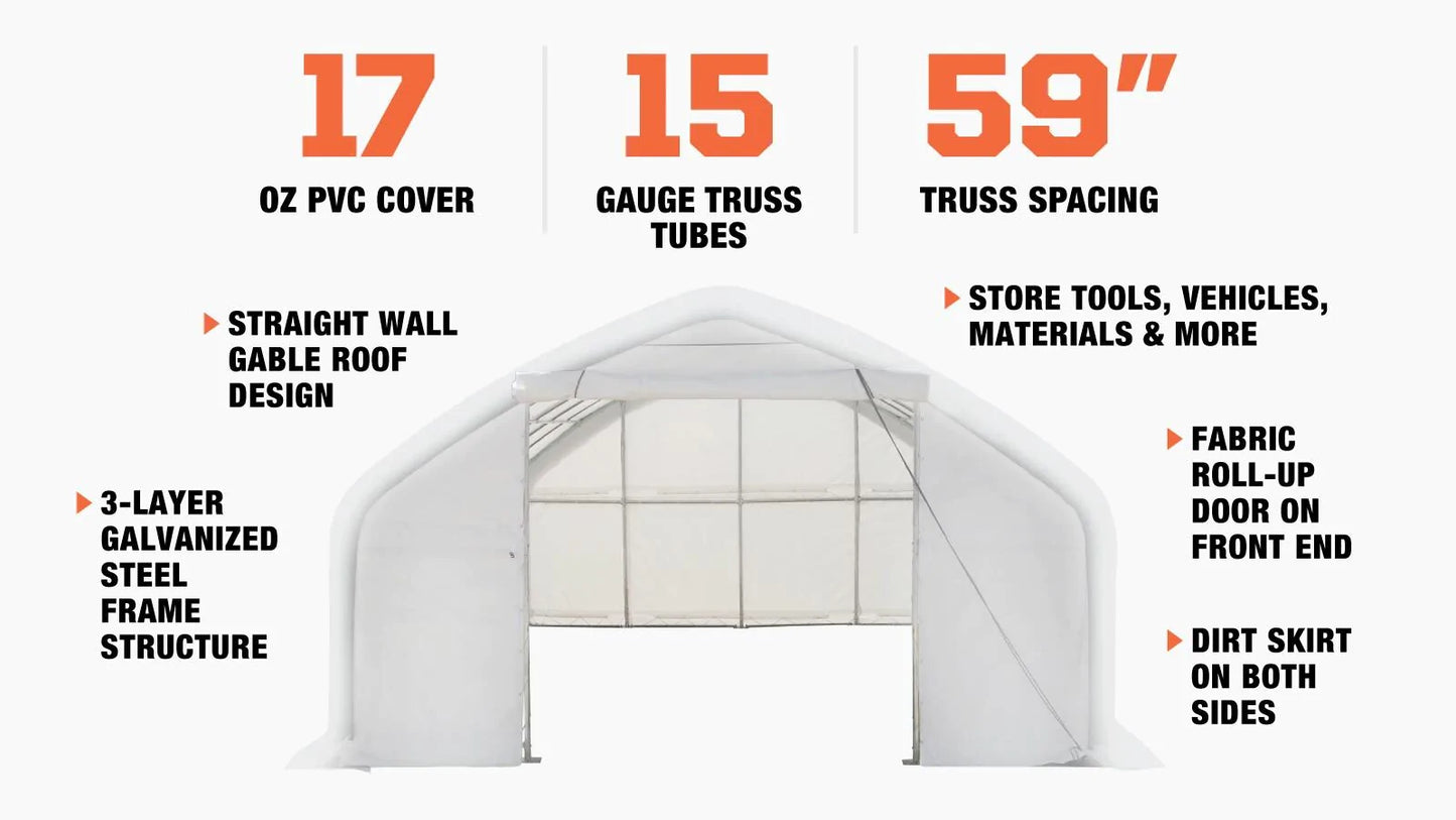 New 20' x 30' Straight Wall Peak Ceiling Storage Shelter with Heavy Duty 17 oz PVC Cover & Drive Through Door