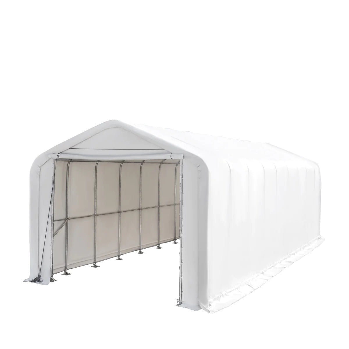 New 18’ x 45’ RV/Motorhome Storage Shelter, 17 oz PVC Fabric Cover, Front Roll-Up Door, Enclosed Rear Wall, 3-Layer Galvanized Steel Frame, 13’ Straight Sidewalls