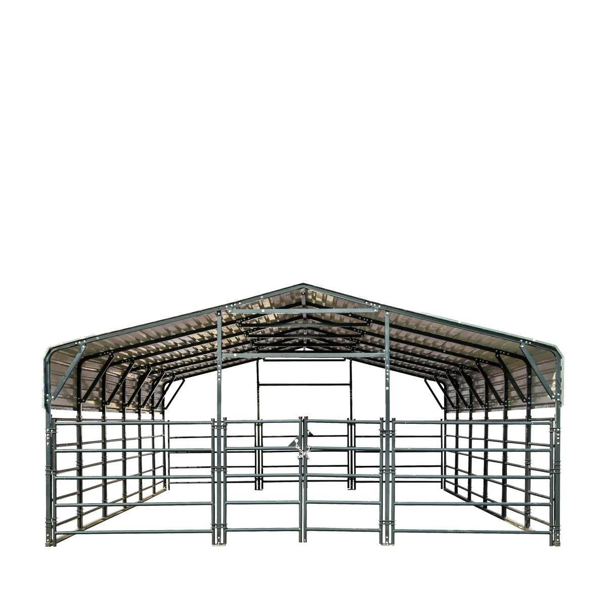 New 20’ x 30’ Livestock Corral Panel Metal Shed, 7’ Sidewall Height, 5’ Corral Panel Height, 600 Sq-Ft, 27 GA Corrugated Panels