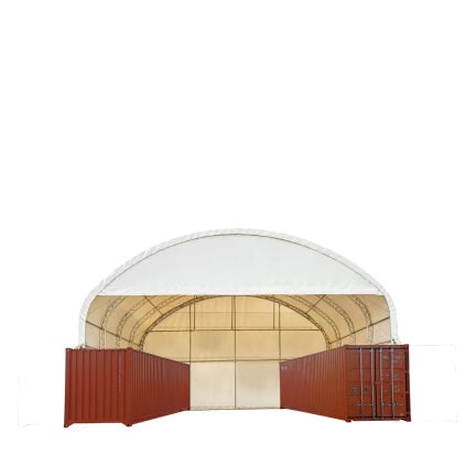 New 40' x 40' Dual Truss Container Shelter with Heavy Duty 21 oz PVC Cover, Enclosed End Wall & Front Drop