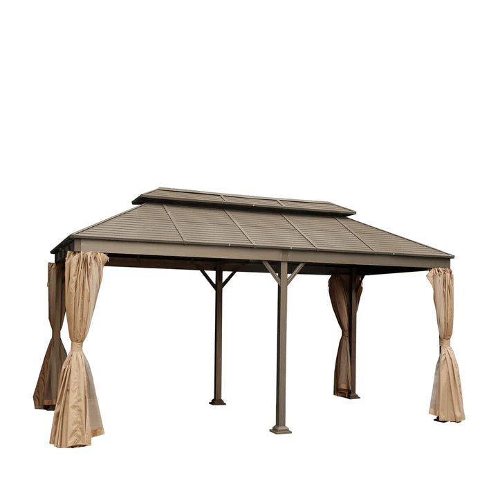 New 10’ x 20’ Hardtop, Double Tier Steel Roof Patio Gazebo, Mosquito Nets & Curtains Included