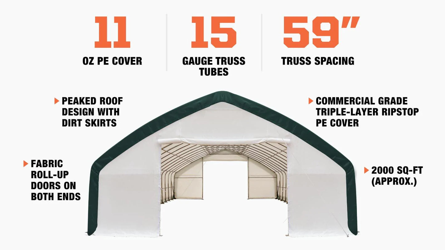 New 30' x 70' Straight Wall Peak Ceiling Storage Shelter with Heavy Duty 11 oz PE Cover & Drive Through Doors,